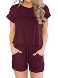 Maroon Summer Crewneck Casual Loose Short Sleeve Jumpsuit Rompers One Piece Pajamas Loungewear with Pockets - ANRABESS | Women's Romper & Jumper Suit