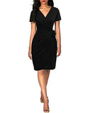 Women's Classic V-Neck Casual Party Knee Length Sheath Work Short Sleeve Faux Black Wrap Dress | Women's Work Dresses