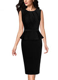 Black And White Pinstriped Sleeveless Womens Pleated Crew Neck Peplum Wear To Work Office Sheath Dress Vfshow