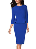 Royal Blue Sleeve Womens Pleated Crew Neck Peplum Wear To Work Office Sheath Dress Vfshow