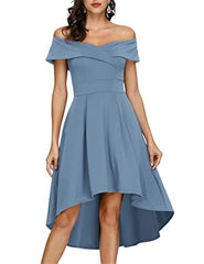 Haze Blue Women's Off Shoulder High Low A Line Wedding Guest Party Cocktail Dress - JASAMBAC