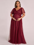 Women's Double V Neck Short Ruffle Sleeve Maxi Maternity Dress with Sash - Sara Clothes