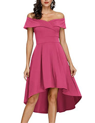 Rose Red Off Shoulder High Low A Line Wedding Guest Party Cocktail Dress - JASAMBAC