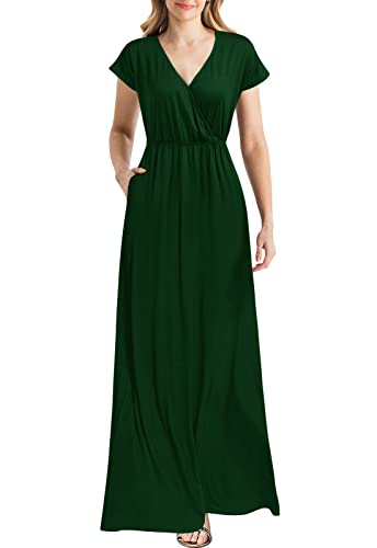 Dark Green Women Cap Sleeve Loose Plain Pockets Maxi Casual Formal Long Dresses - REPHYLLIS | Women's Formal Dresses