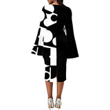 Women Bell Sleeve Bodycon Pencil Dress Business Graphic Print Midi Dress Work Office Cocktail Party Sheath Dress | Women's Work Dresses