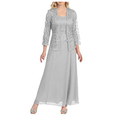 Women Plus Size Two Piece Long Sleeve Party Dress Lace Solid Color Long Maxi Dress Mini Dress