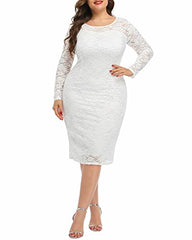 Women's Plus Size Lace Long Sleeve V-back Stretchy Bodycon Midi Wedding Cocktail Pencil Dress