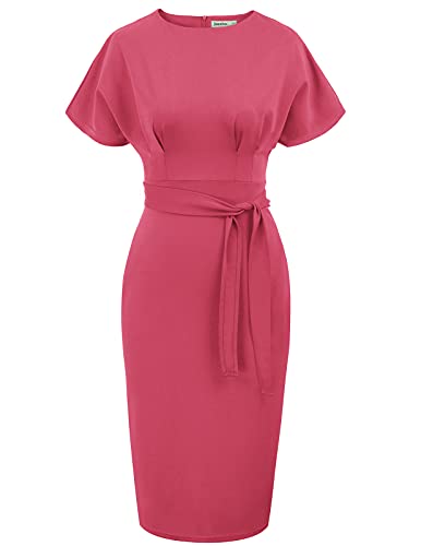 Rose Red Women's Bodycon Pencil Dress Office Wear To Work Dresses With Pocket Belt Jasambac