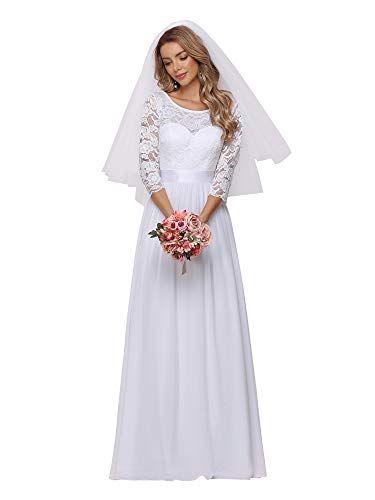 Women's Lace Round Neck Long Sleeve Simple Chiffon Wedding Dress 7412-eh