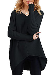 Womens V Neck Oversized Long Batwing Sleeve Asymmetric Hem Casual Pullover Sweater Knit Tops