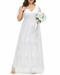 Women Plus Size V Neck Floral Lace Maxi Boho Wedding Short Sleeve Cocktail A Line Dress