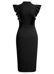 Women's Vintage Ruffle Sleeve V-Neck Bodycon Evening Party Cocktail Pencil Sheath Dress