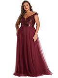 Women's Plus Size V Neck Sequin Tulle A Line Evening Formal Dress 0277-PZ | Women's Formal Dresses