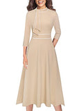 Beige Plus White Piping Tie Neck Womens Elegant Front Zipper Slim Work Business Office Party Cocktail A-line Dress Vfshow