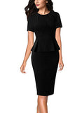 Black Short Sleeve Womens Pleated Crew Neck Peplum Wear To Work Office Sheath Dress Vfshow | Women's Work Dresses