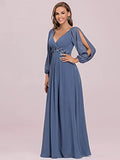 Women's A-line Long Sleeve V-Neck Chiffon Mother of The Bride Dress  - Sara Clothes