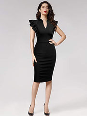 Women's Vintage Ruffle Sleeve V-Neck Bodycon Evening Party Cocktail Pencil Sheath Dress