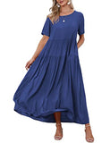 Navy Blue Dresses Casual Plus Size Bohemian Short Sleeve Floral Long Maxi Summer Beach Swing Dress/Pockets - YESNO | Women's Casual Dresses