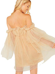 Women's Romantic Off Shoulder Flounce Long Sleeve Wedding Ruffle Mesh Party Mini Dress