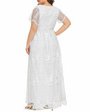 Women Plus Size V Neck Floral Lace Maxi Boho Wedding Short Sleeve Cocktail A Line Dress | Women's Casual Dresses