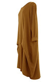 Women Italian Lagenlook Long Sleeve Hitched Pintuck Jersey Cotton Tulip Midi Dress One Size