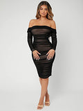 Women's Ruched Off Shoulder Bodycon Dress Long Sleeve Mesh Knee Length Dresses