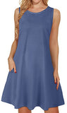 Blue Summer Dresses for Women Beach Floral Tshirt Sundress Sleeveless Pockets Casual Loose Tank Dress - elescat | Women's Casual Dresses