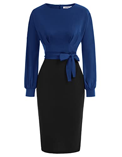 Dark Blue Black Long Sleeve Women's Bodycon Pencil Dress Office Wear to Work Dresses with Pocket Belt - JASAMBAC