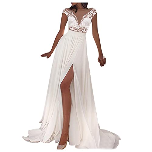 Jumaocio Women's Wedding Dress Lace Sheer V-Neck Evening Slit Dress Bridal Gown Beach Wedding Dress
