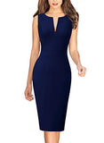 Dark Blue Sleeveless Womens Front Zipper Slim Work Office Business Cocktail Party Pencil Dress Vfshow