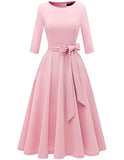 Women Prom Tea Dress Vintage Swing Cocktail Dress, 4-mar Sleeves Scoop Neck