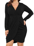 Womens Plus Size Dress Long Sleeve Deep V Neck Bodycon Wrap Dress with Front Slit | Women's Formal Dresses