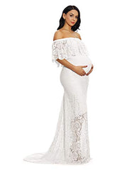 Women's Off Shoulder Ruffles Lace Gown Maxi Photography Baby Shower Dress