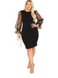 SheIn Women's Plus Size Elegant Mesh Contrast Pearl Beading Sleeve Stretchy Bodycon Pencil Dress | Women's Casual Dresses