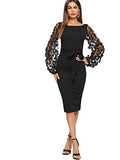 Women's Elegant Mesh Contrast Bishop Sleeve Bodycon Pencil Dress