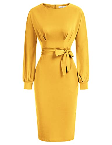 Yellow Long Sleeve Women's Bodycon Pencil Dress Office Wear To Work Dresses With Pocket Belt Jasambac