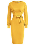 Yellow Long Sleeve Women's Bodycon Pencil Dress Office Wear To Work Dresses With Pocket Belt Jasambac | Women's Work Dresses