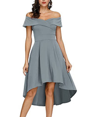 Grey Off Shoulder High Low A Line Wedding Guest Party Cocktail Dress - JASAMBAC