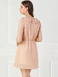 Women's 3/4 Sleeve Elastic Waist A-line Ruffle V Neck Shiny Heart Print Chiffon Dress