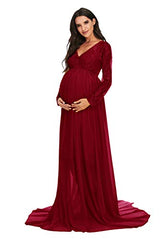 V Neck Chiffon Photography Gown Long Sleeve Lace Stitching Maxi Dress For Baby Shower