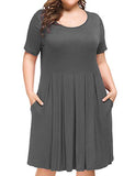 Women's Plus Size Short Sleeve Dress Casual Pleated Swing Dresses with Pockets