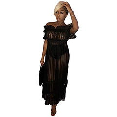 Women Sexy Lace Off Shoulder Mesh See Through Long Pleated Maxi Dress Club Party Gown