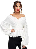 SheIn Women's Long Sleeve V Neck Ruffle Blouse Off Shoulder Tie Waist Wrap Tops | Women's Casual Dresses