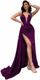 LovelyGirl Sexy Deep V Neck Mermaid Prom Dresses 2021 Satin Long Party Cocktail Dress with High Slit