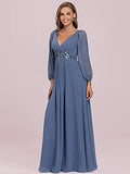 Women's A-line Long Sleeve V-Neck Chiffon Mother of The Bride Dress  - Sara Clothes