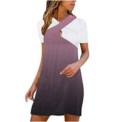 Summer Dress for Women V Neck Criss Cross Hollow Out Short Sleeve Tunic Dress Splicing Casual Slim Mini Dress Sundress | Original Brand