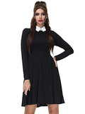 Women's Halloween Black Wednesday Addams Peter Pan Collar Long Sleeve Flare Skater Dress XS-XXL