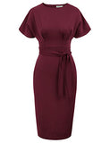 Wine Red Short Sleeve Women's Bodycon Pencil Dress Office Wear to Work Dresses with Pocket Belt - JASAMBAC | Women's Work Dresses