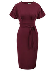 Wine Red Short Sleeve Women's Bodycon Pencil Dress Office Wear to Work Dresses with Pocket Belt - JASAMBAC