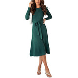 luethbiezx Womens Elegant Long Sleeve Ribbed Knit Midi Dress Crew Neck A-Line Knee-Length Sweater Dresses with Belt | Women's Casual Dresses